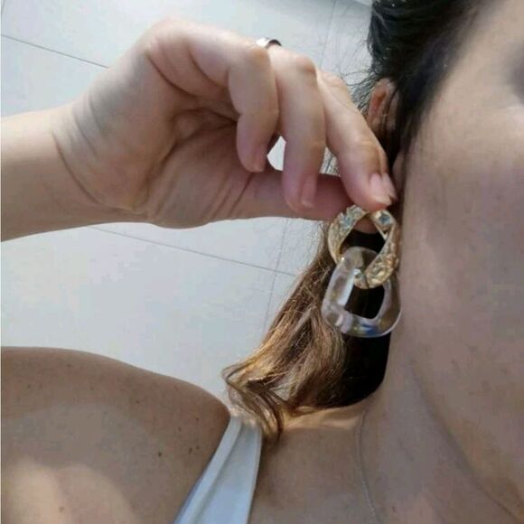 Gold Statement Hoop Earrings Chunky Clear Resin Chain Link Oversized 💖 - Picture 12 of 12